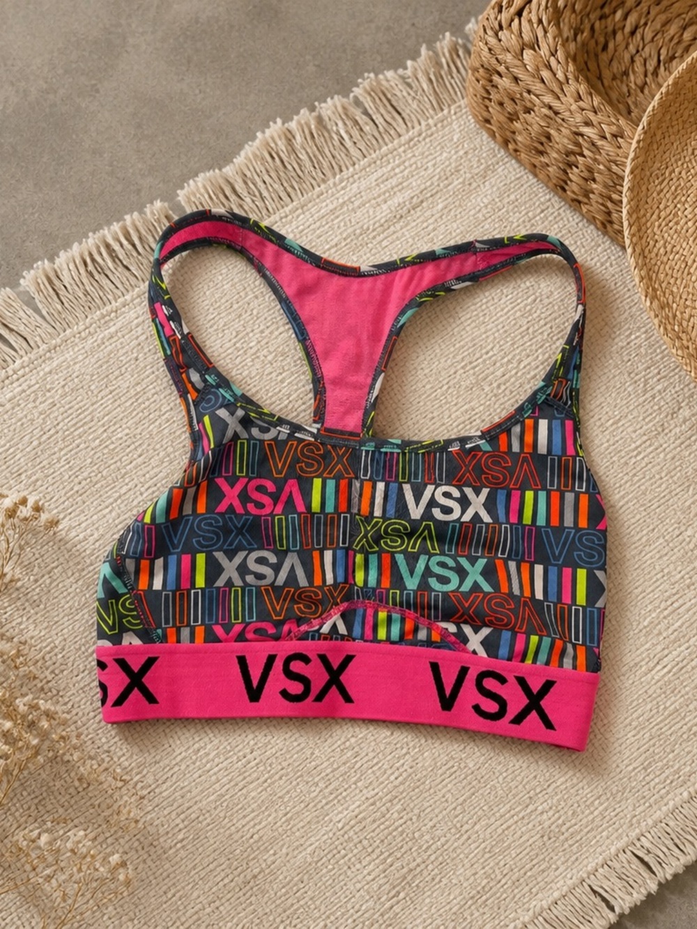 VSX Multicolor Logo Racerback Bikini Top with Hot Pink Band